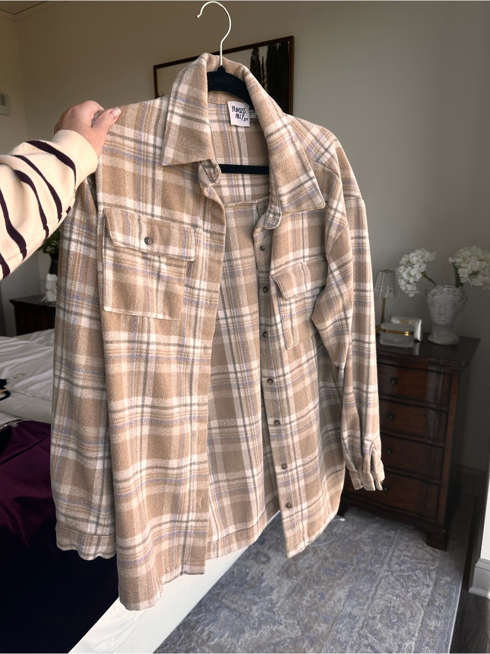 Princess Polly Beige & Cream Plaid Button-Down Shirt Jacket